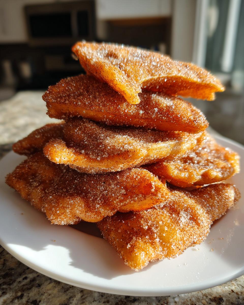A stack of golden brown, crispy buñuelos generously coated in cinnamon sugar, resting on a white plate.