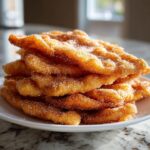 A tall stack of golden brown buñuelos generously coated in cinnamon sugar, resting on a white plate.