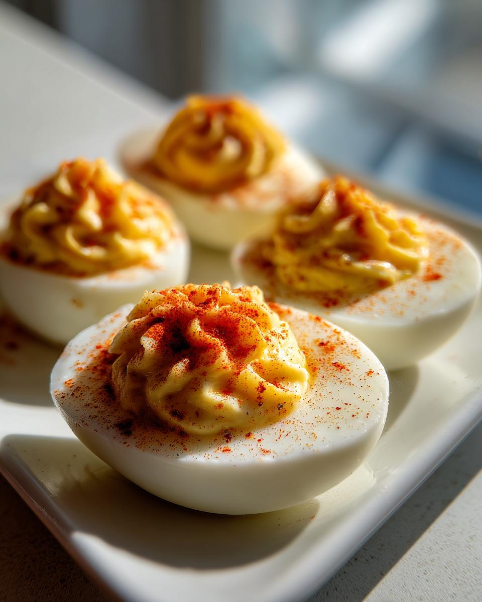 Four halves of classic deviled eggs, piped high with yolk filling and dusted generously with paprika.
