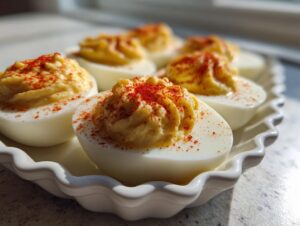 Close-up of perfectly piped classic deviled eggs sprinkled with bright red paprika on a white serving dish.