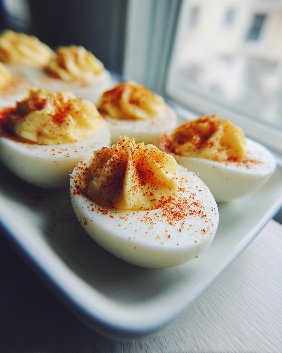 Close-up of several classic deviled eggs arranged on a white platter, topped with piped filling and paprika.