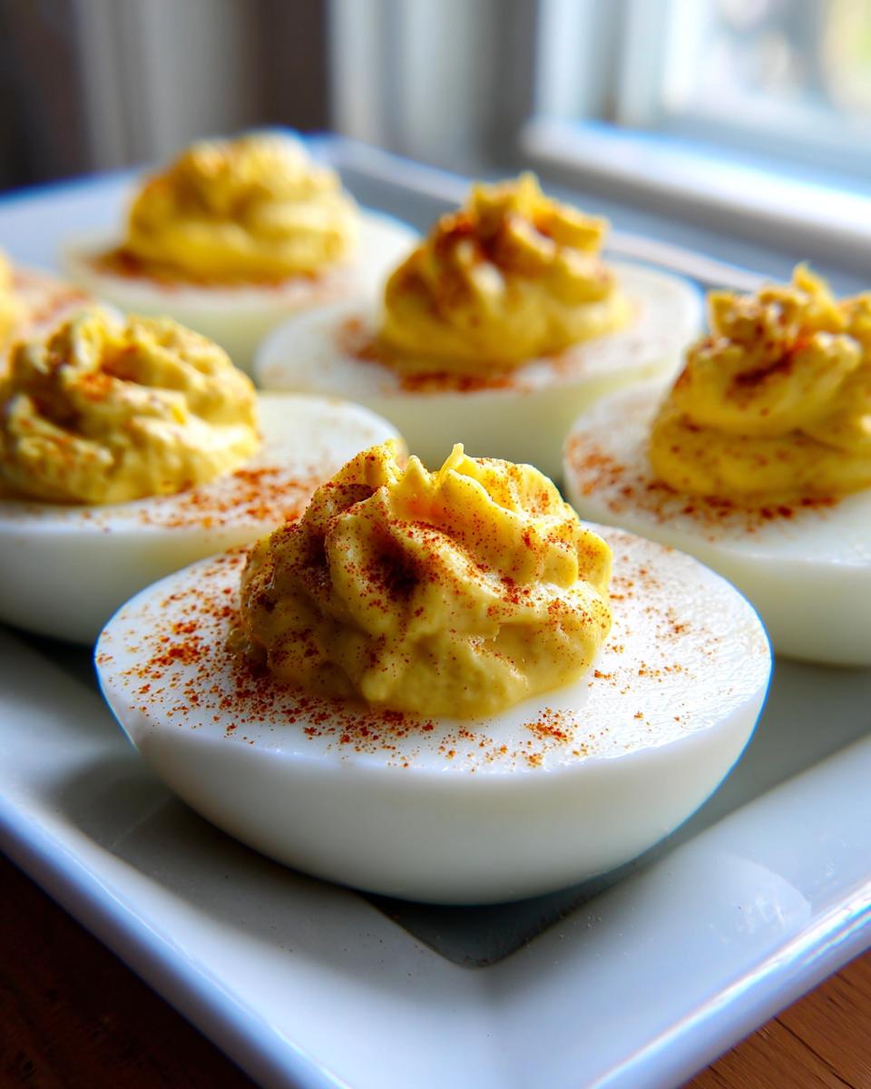 Close-up of perfectly piped classic deviled eggs dusted with paprika on a white platter.