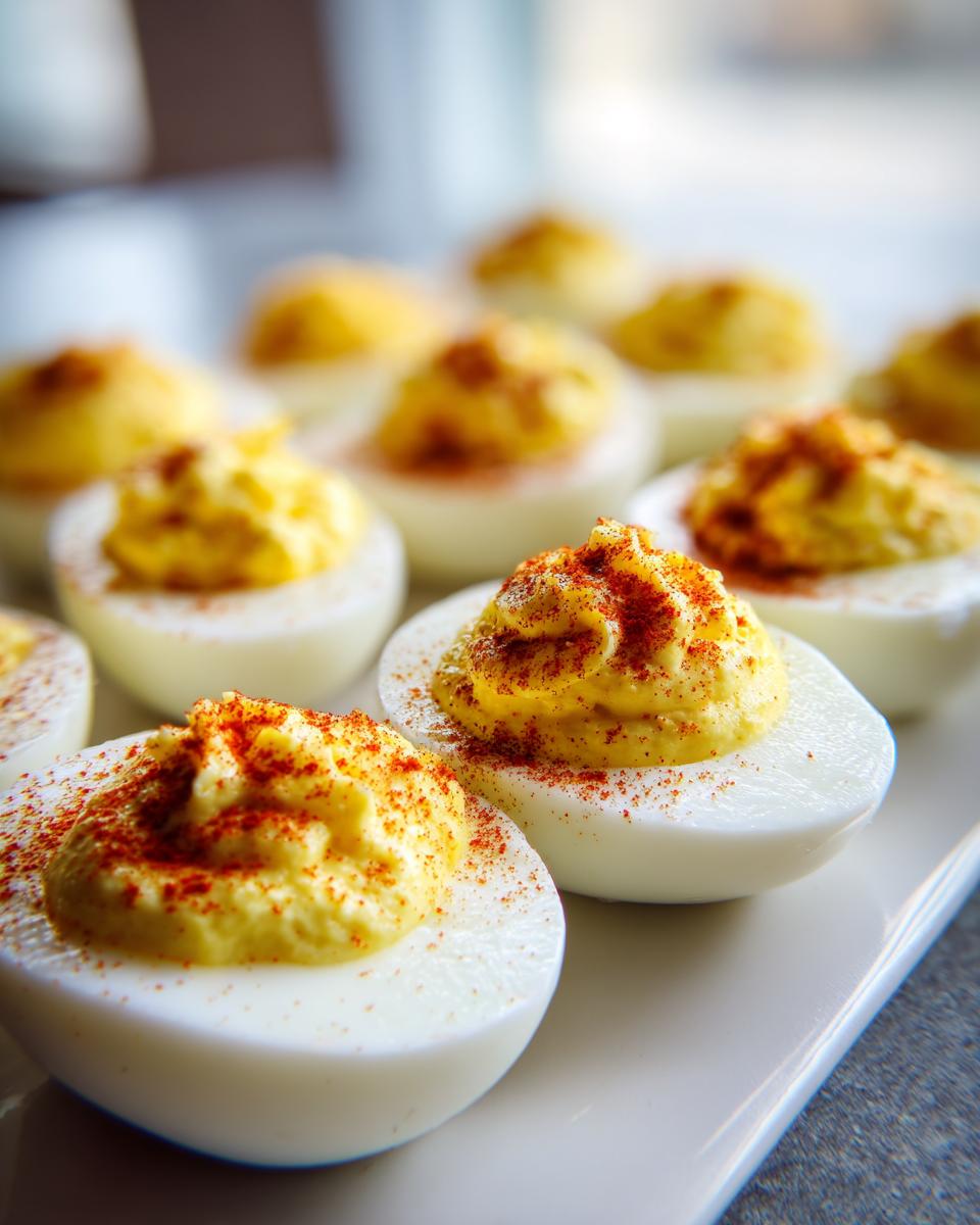Close-up of perfectly piped classic deviled eggs sprinkled with paprika, arranged on a white platter.
