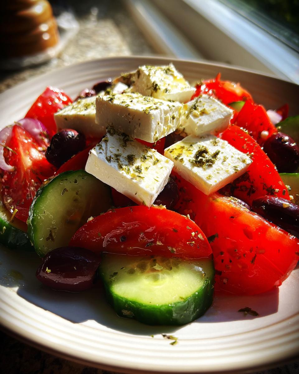 Close-up of a vibrant greek salad featuring chunks of feta cheese, sliced cucumbers, tomatoes, and Kalamata olives, drizzled with oil and herbs.