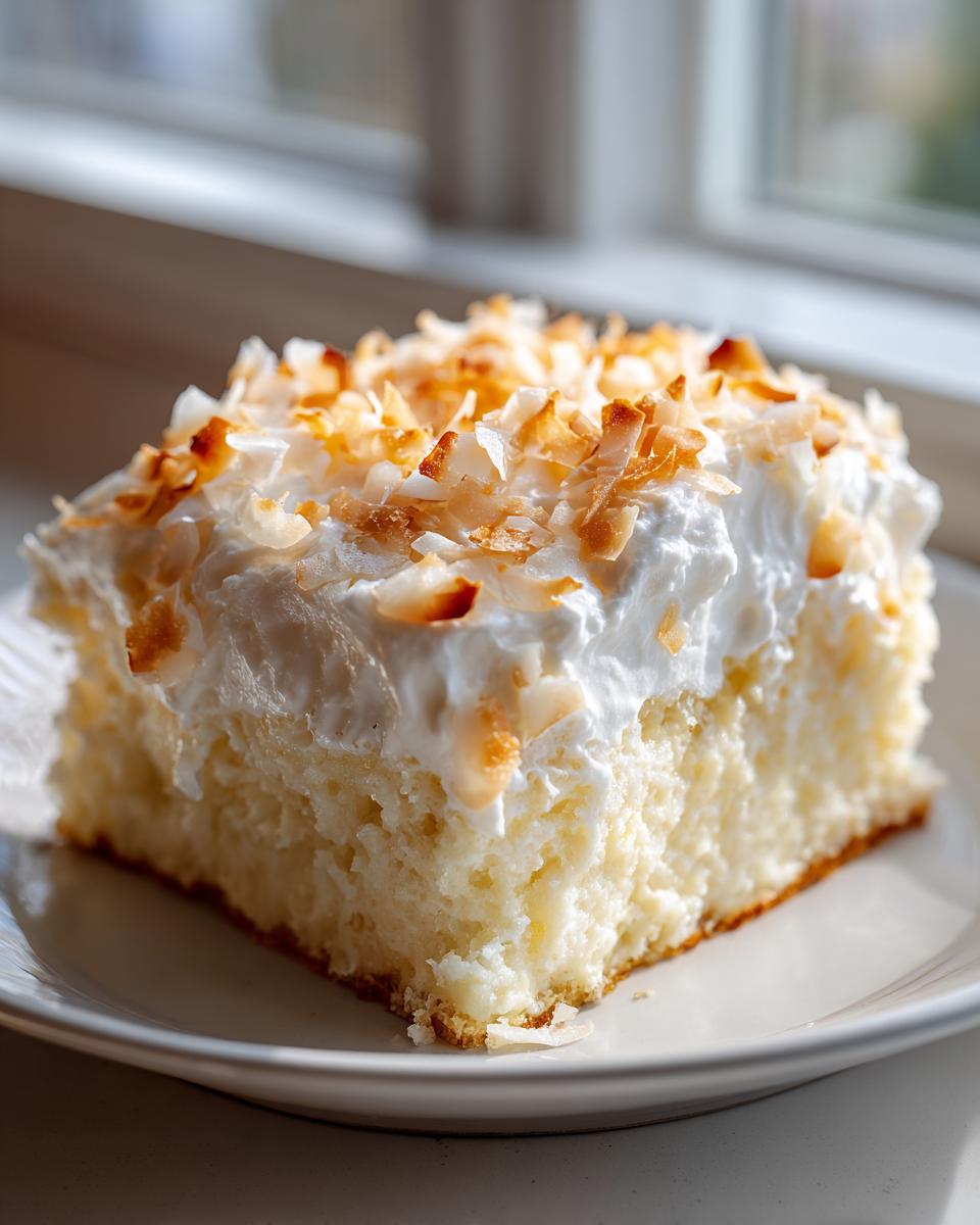 A moist slice of coconut poke cake topped with whipped cream and toasted coconut flakes served on a white plate.