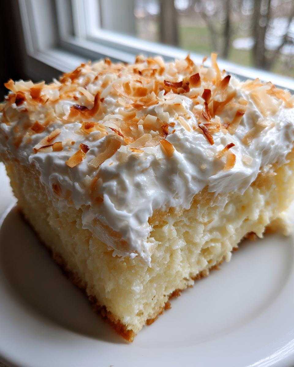 A moist slice of coconut poke cake topped with whipped cream and toasted coconut flakes.