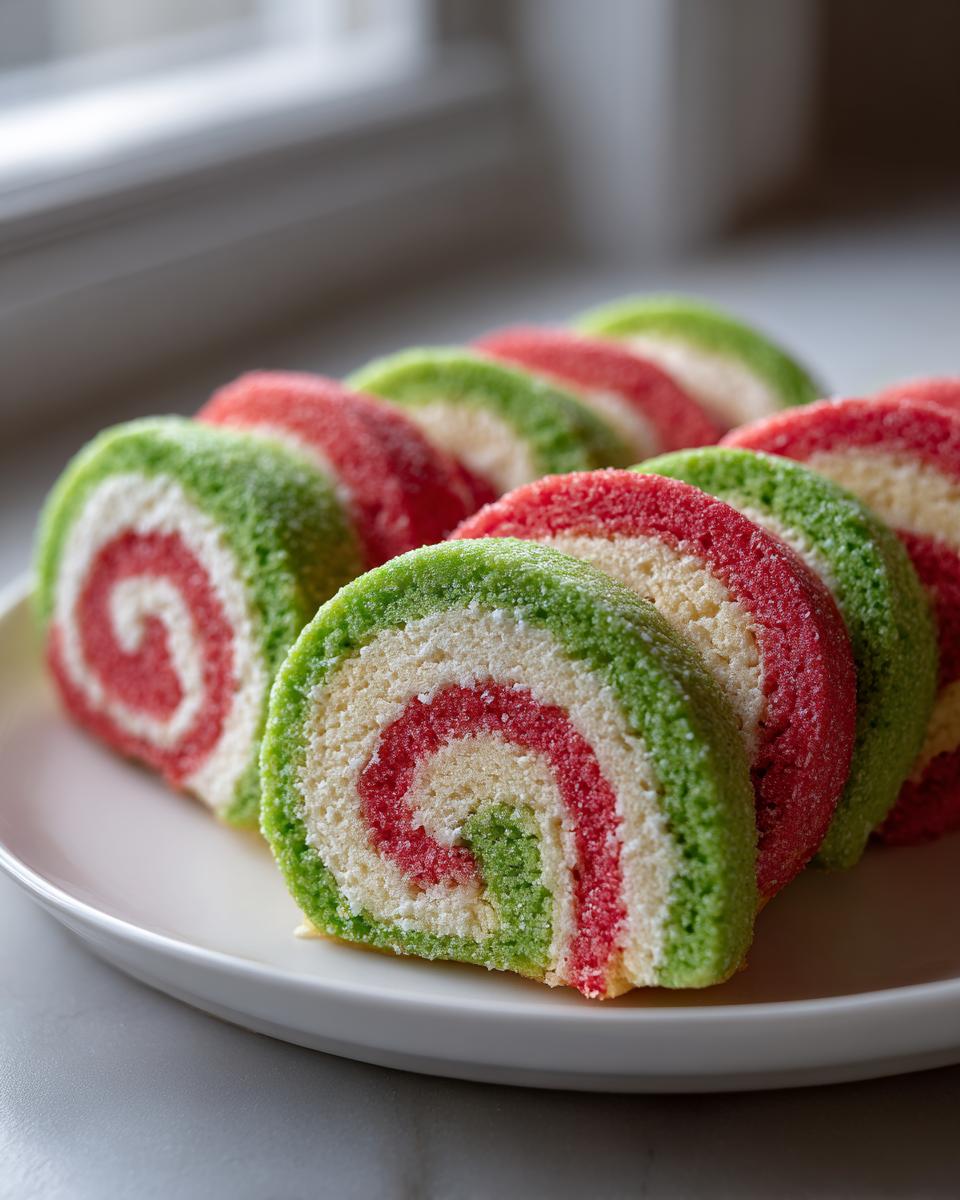 Close-up of several slices of red, white, and green pinwheel cookies arranged on a white plate.