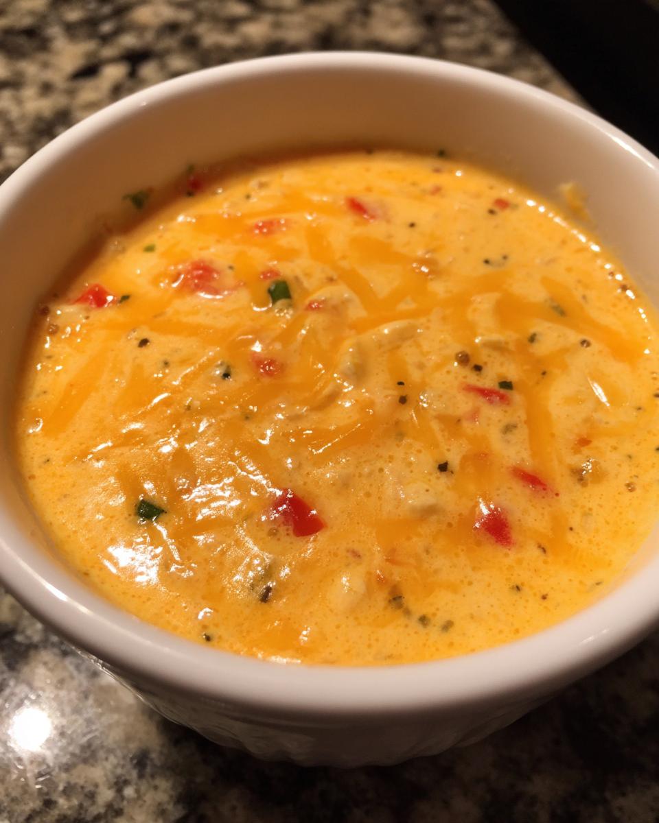 Close-up of a white bowl filled with creamy, orange cottage cheese queso topped with melted shredded cheddar cheese and diced red peppers.