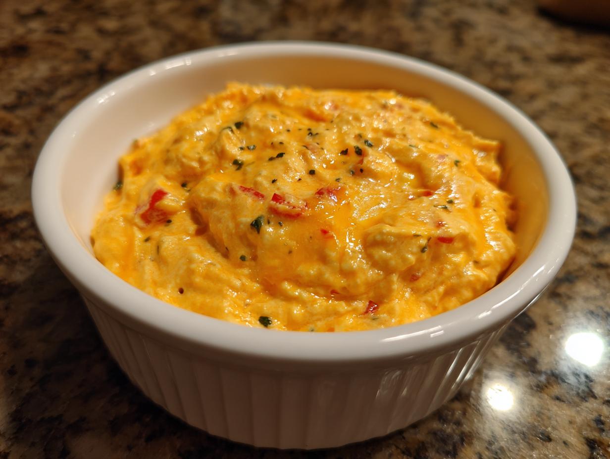 A close-up of creamy, bright orange cottage cheese queso dip topped with herbs and red pepper flakes in a white ramekin.
