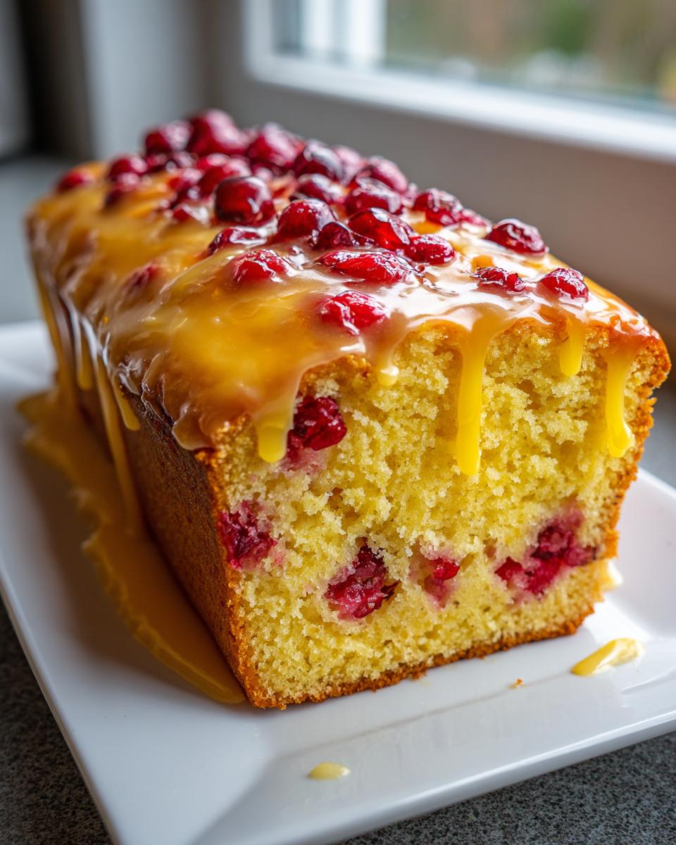 A close-up of a freshly baked cranberry orange bread loaf, topped with a thick orange glaze and whole cranberries.