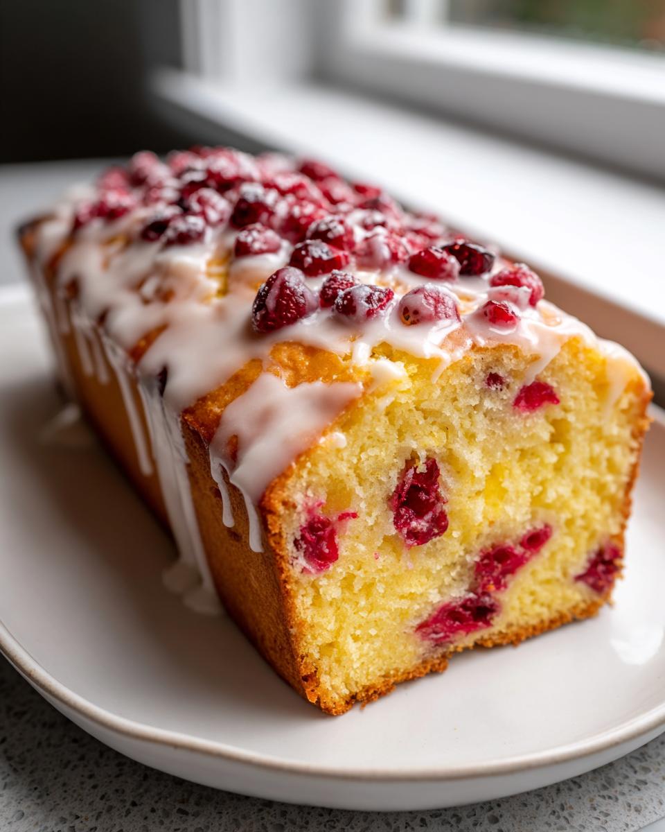 A close-up of a slice of bright yellow cranberry orange bread topped with white glaze and fresh cranberries.