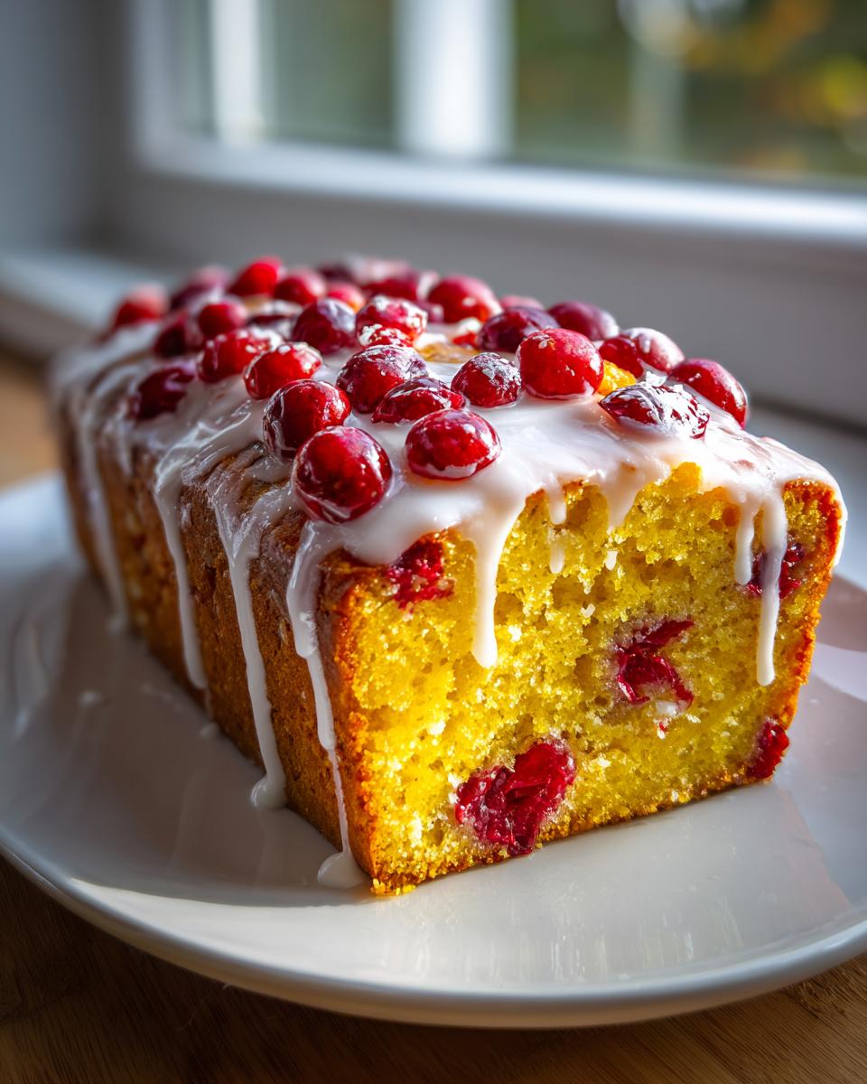 A bright yellow loaf of cranberry orange bread topped with white glaze and whole fresh cranberries.