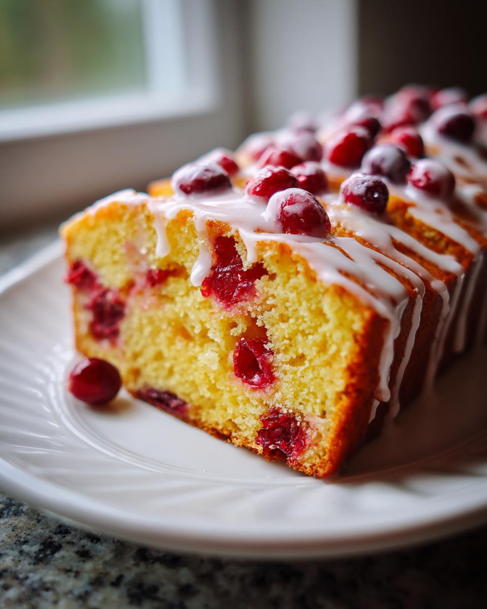 A close-up of a sliced cranberry orange bread loaf drizzled with white glaze and topped with fresh cranberries.