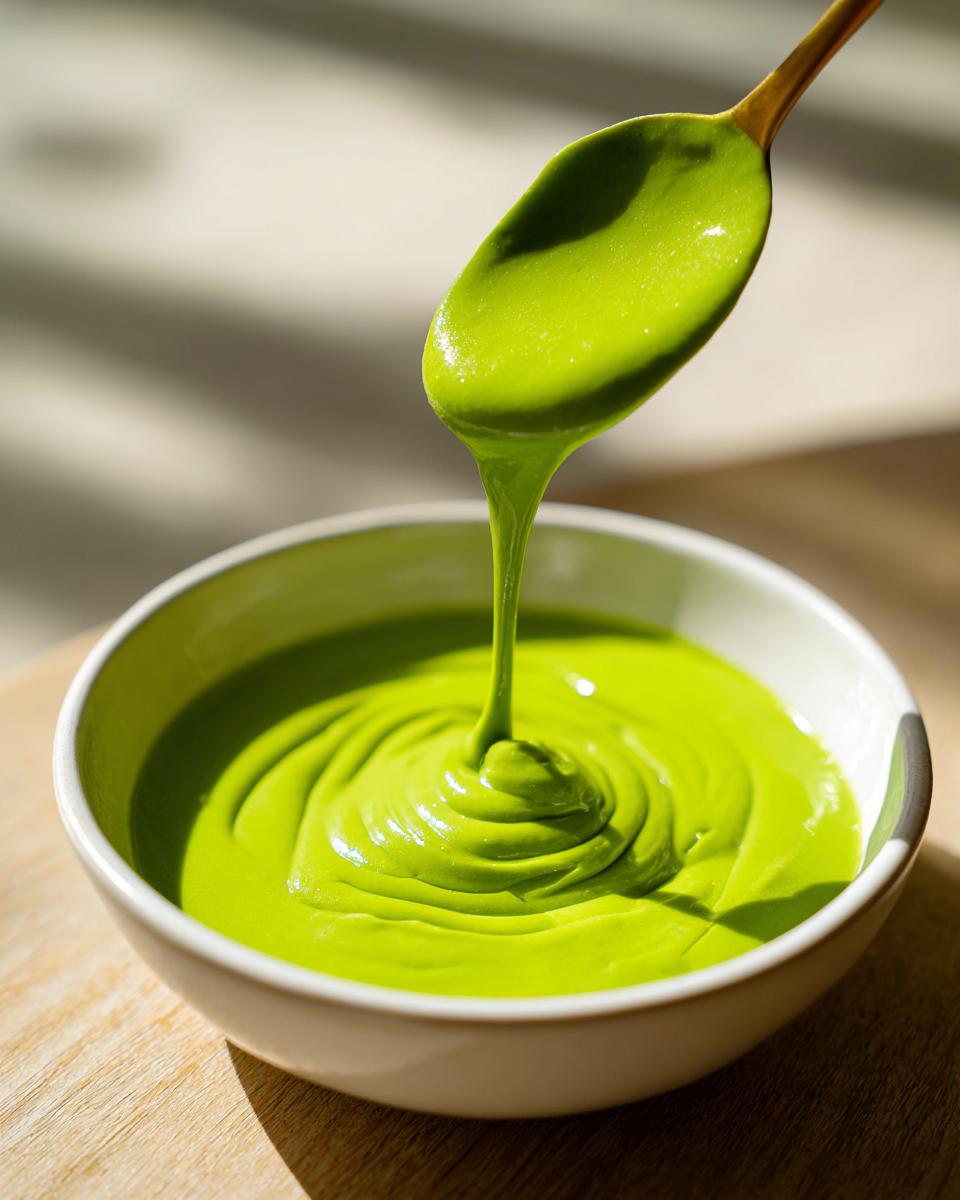 Close-up of thick, bright green avocado sauce dripping from a spoon back into a white bowl.