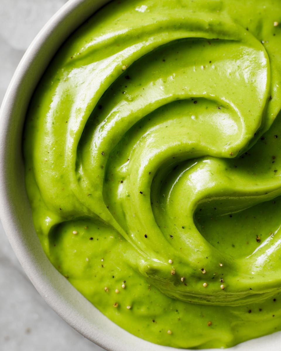 Close-up of vibrant green, creamy avocado sauce swirled in a white bowl, seasoned with pepper.