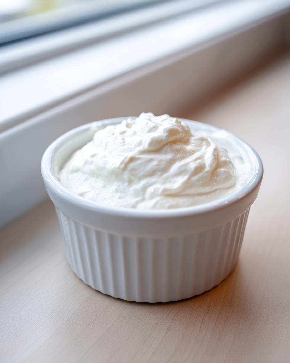 A small white ramekin filled with creamy white sauce, likely the base for the horseradish sauce.