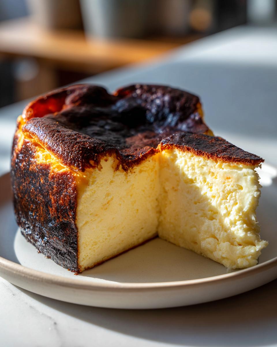 A slice cut from a whole Basque burnt cheesecake showing its creamy interior and dark caramelized top.