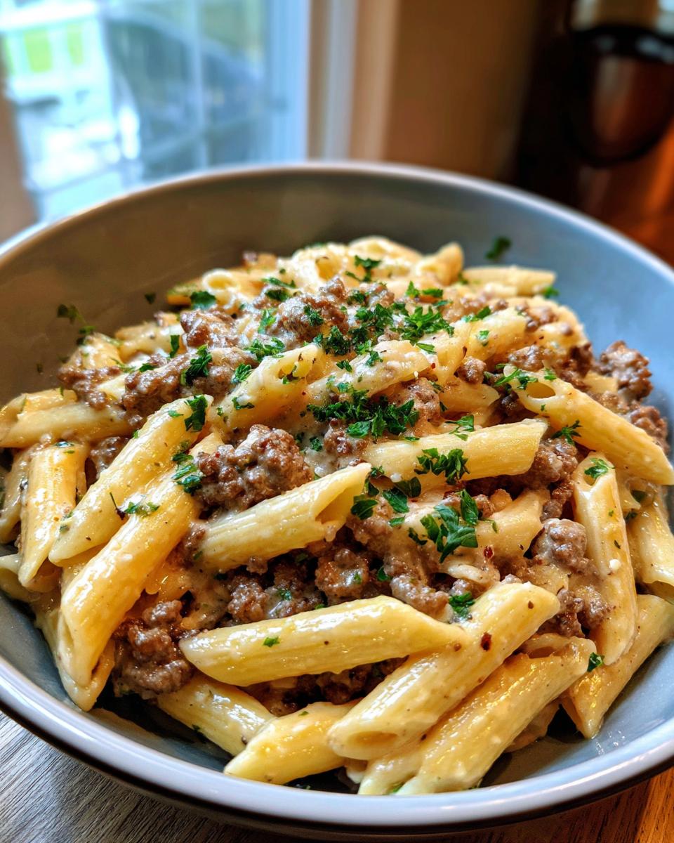 Close-up of a bowl filled with creamy beef pasta (penne) topped with fresh parsley.