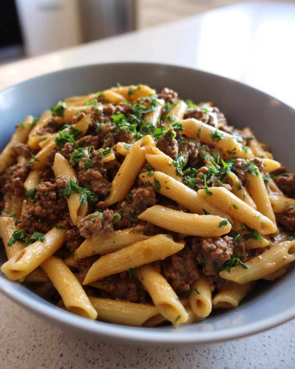 Close-up of a bowl filled with creamy beef pasta featuring penne noodles and ground beef, topped with fresh chopped parsley.
