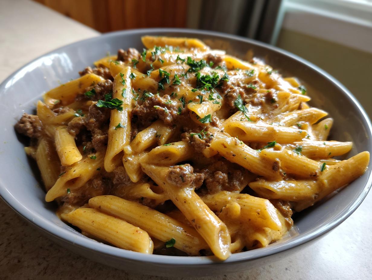 Close-up of a bowl filled with creamy beef pasta (penne) coated in a rich, orange sauce and topped with fresh parsley.