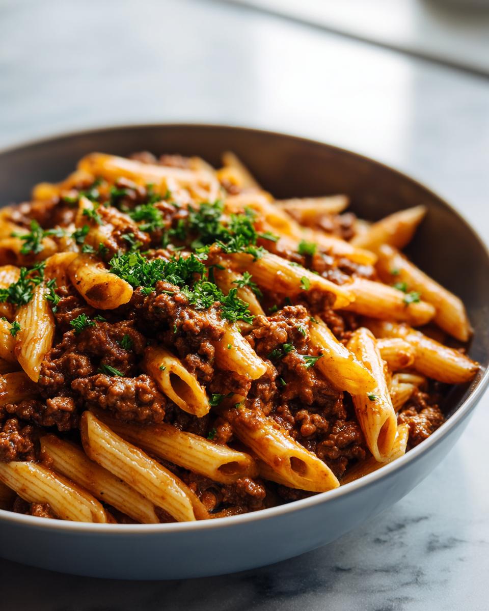 Close-up of a bowl of creamy beef pasta featuring penne noodles coated in a rich meat sauce and topped with fresh parsley.