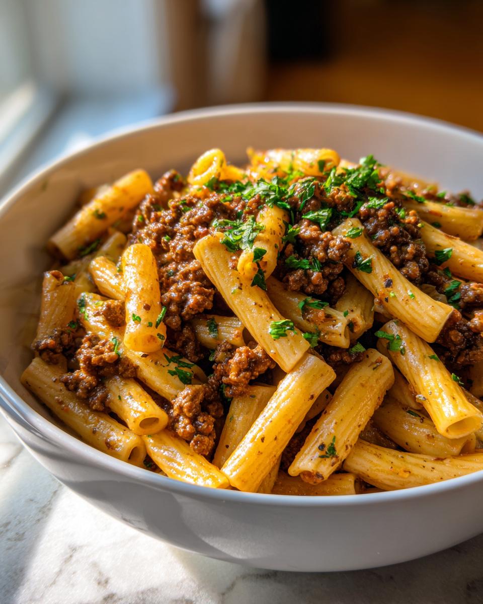 A close-up of a white bowl filled with creamy beef pasta made with rigatoni noodles and topped with fresh parsley.