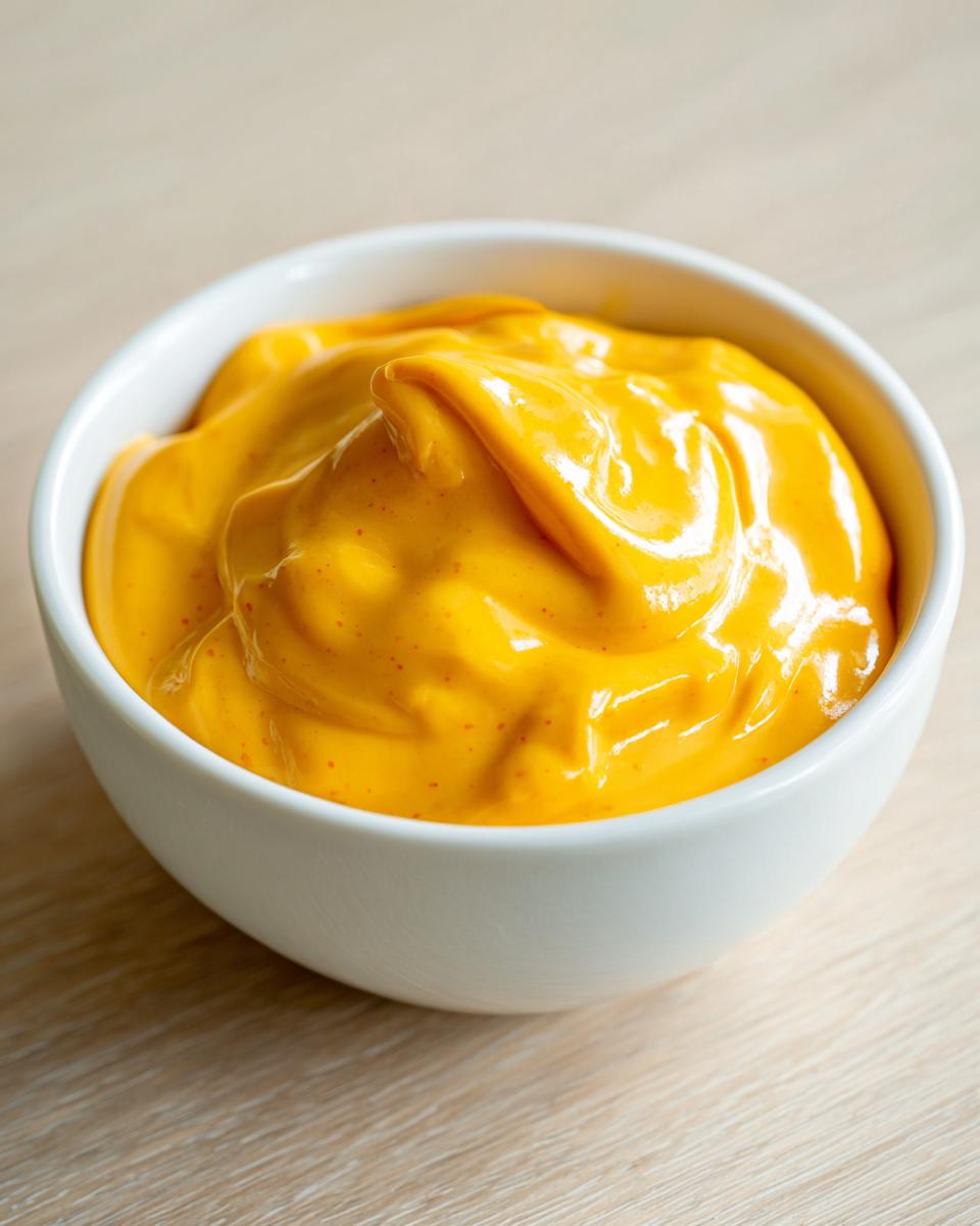 Close-up of a small white bowl filled with smooth, bright orange beer cheese dip, resting on a light wood surface.