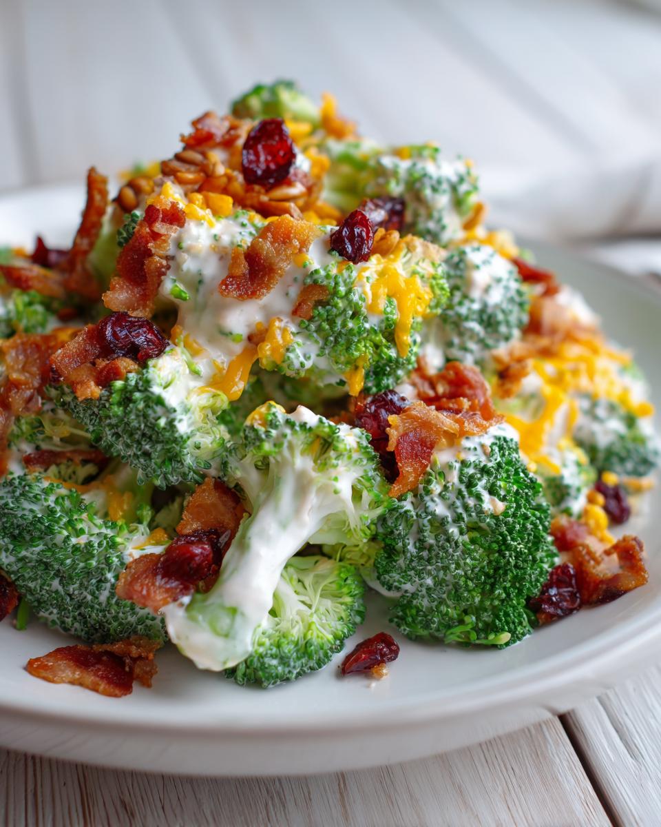 A close-up of a serving of amazing broccoli salad, featuring creamy dressing, bacon bits, dried cranberries, and shredded cheese.