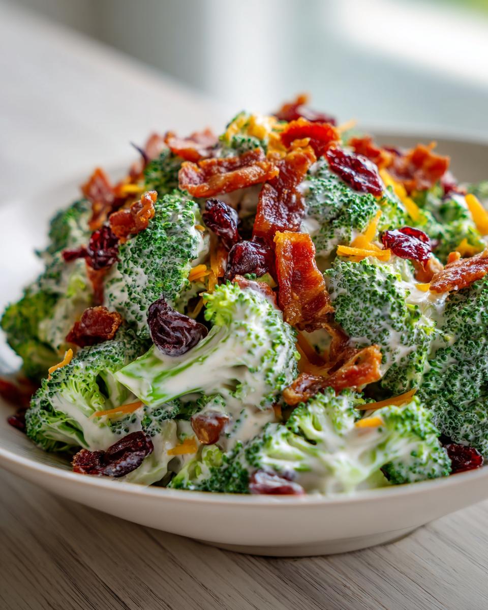 A close-up view of a creamy broccoli salad topped generously with crispy bacon bits, dried cranberries, and shredded cheese.