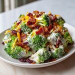 A vibrant mound of creamy broccoli salad topped with bacon, shredded cheese, dried cranberries, and sunflower seeds.