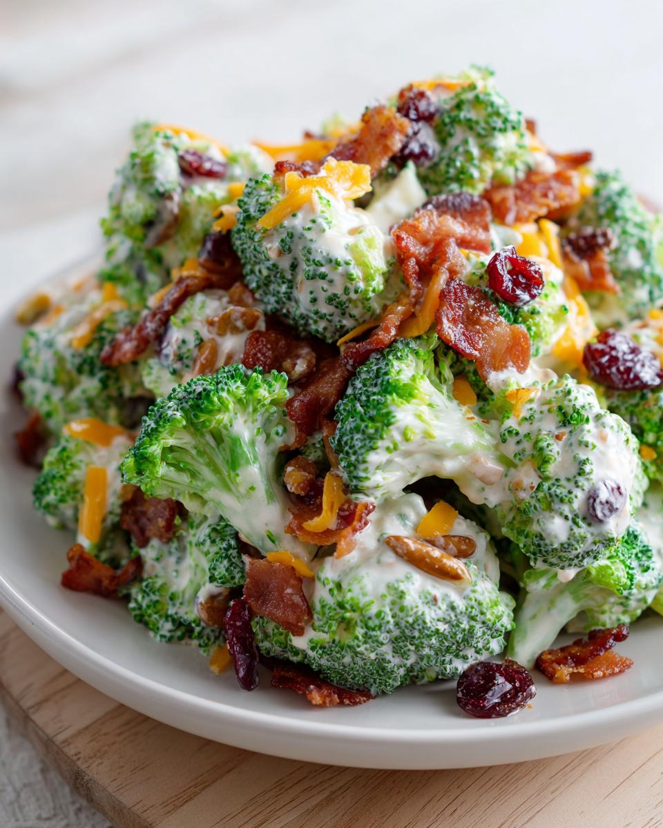 A close-up of a mound of creamy broccoli salad mixed with bacon bits, shredded cheese, and dried cranberries.