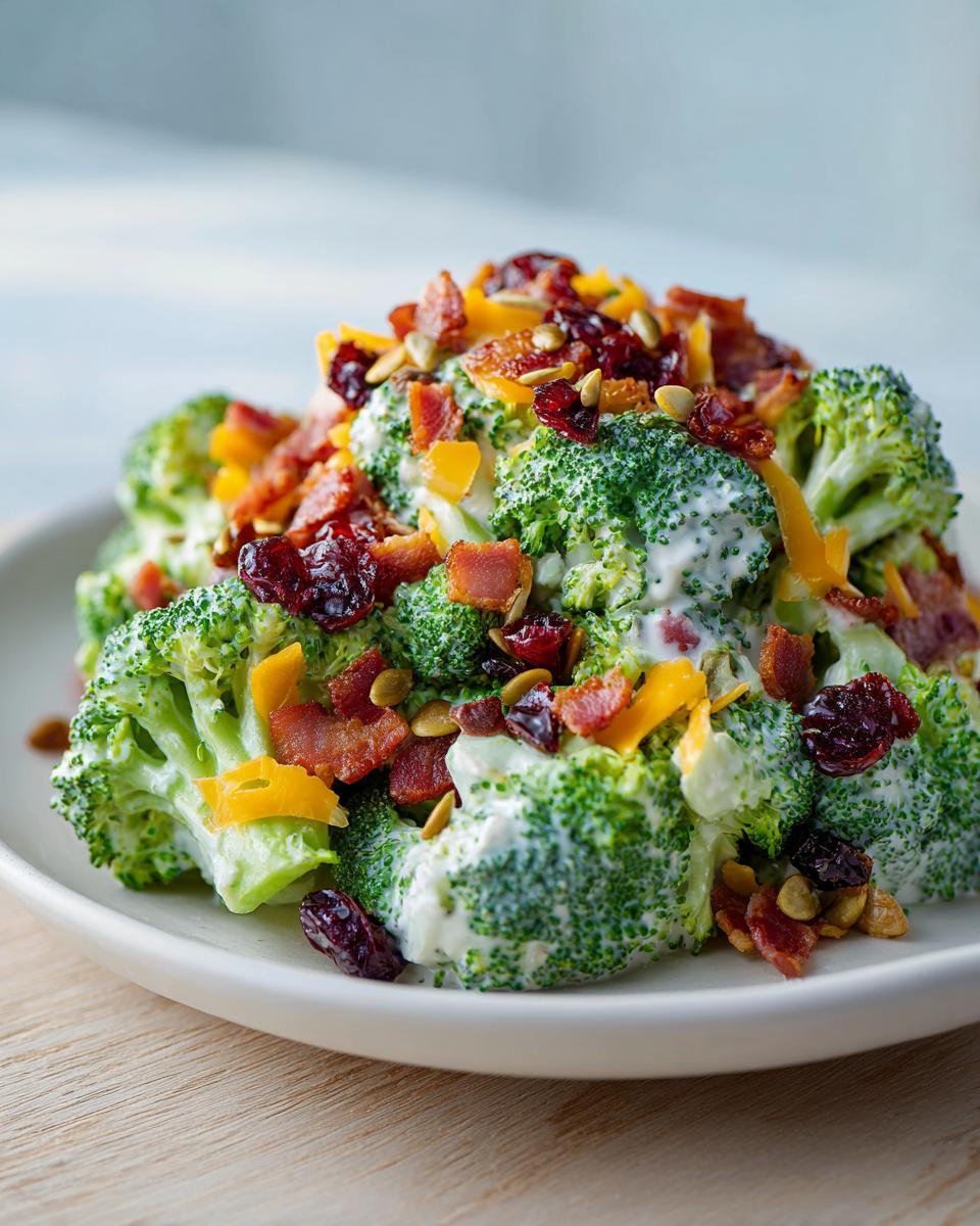 A mound of creamy broccoli salad topped generously with bacon bits, dried cranberries, shredded cheddar, and pumpkin seeds.
