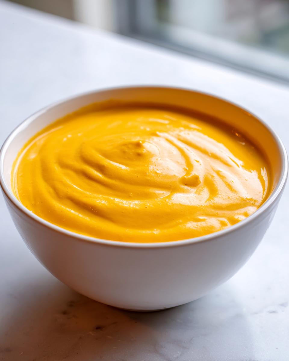 Close-up of a thick, vibrant orange cheese soup swirled inside a white bowl.