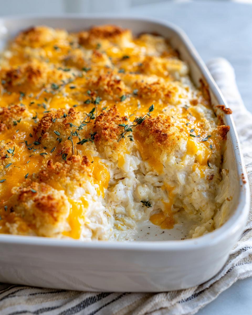 A scoop has been taken out of a creamy chicken and rice casserole topped with melted cheddar and crispy breadcrumbs.