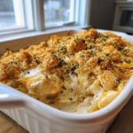 Close-up of a creamy baked chicken and rice casserole topped with golden breadcrumbs and parsley.