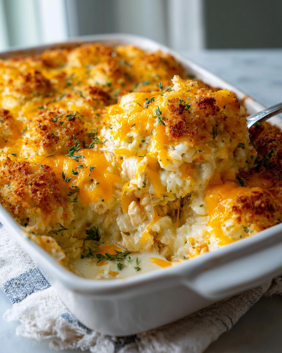 A spoonful of creamy chicken and rice casserole being lifted from a white baking dish, topped with melted cheddar cheese.