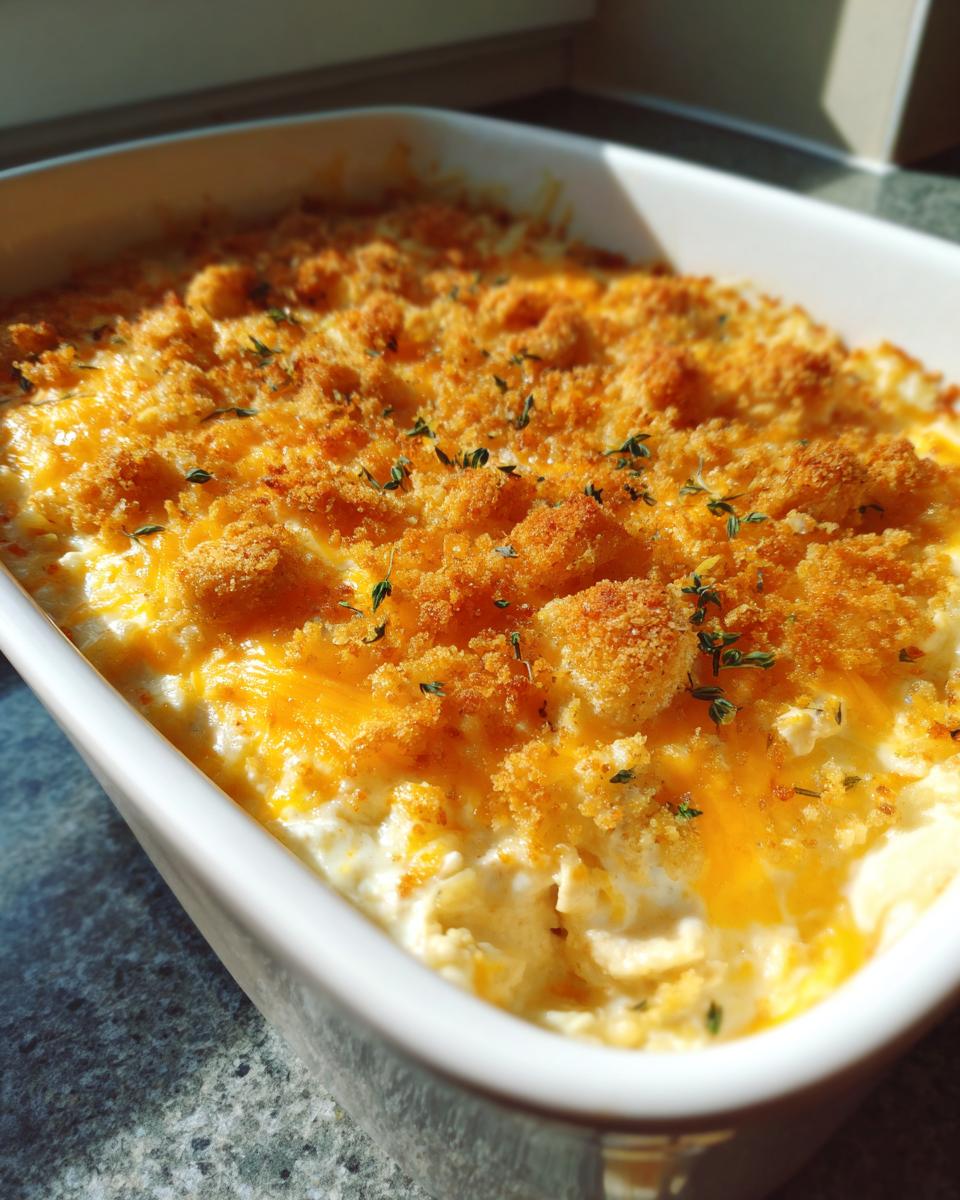 Close-up of a creamy chicken and rice casserole topped with melted cheddar cheese and crispy breadcrumbs.