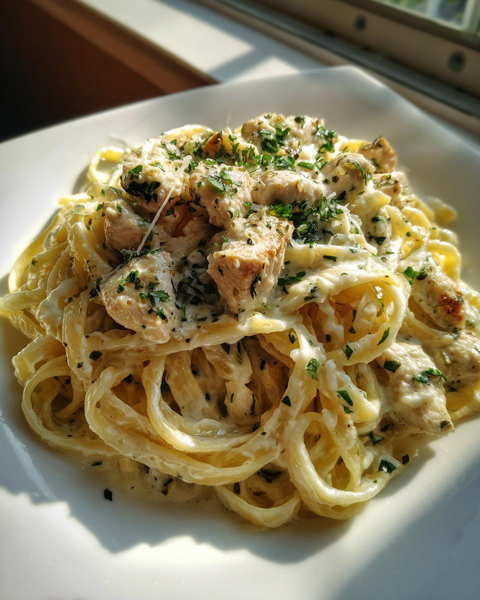 Close-up of creamy fettuccine chicken pasta topped with grated cheese and fresh parsley.