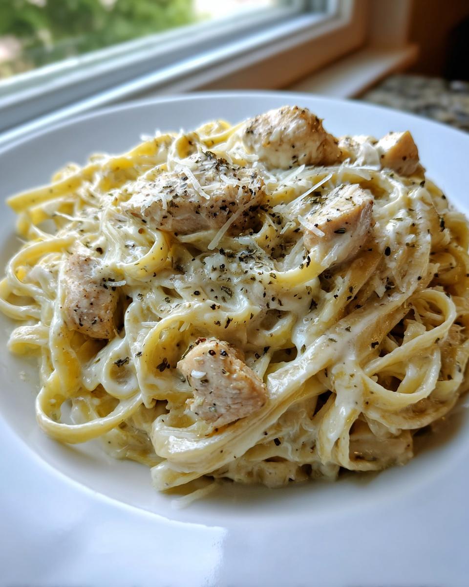 Close-up of creamy fettuccine chicken pasta topped with grated parmesan and dried herbs.