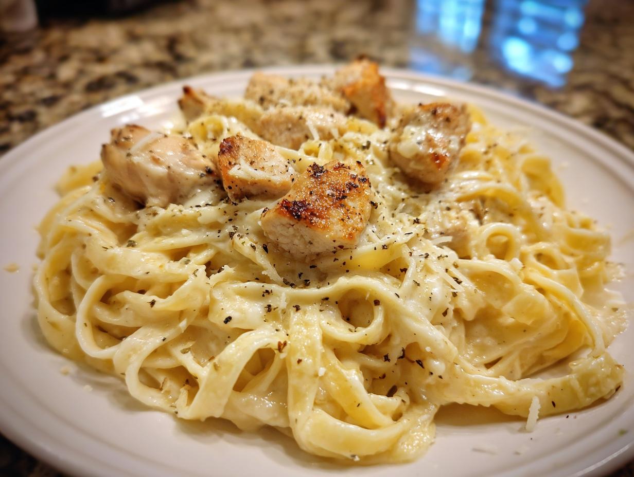 Close-up of creamy fettuccine chicken pasta topped with seared chicken pieces and black pepper.