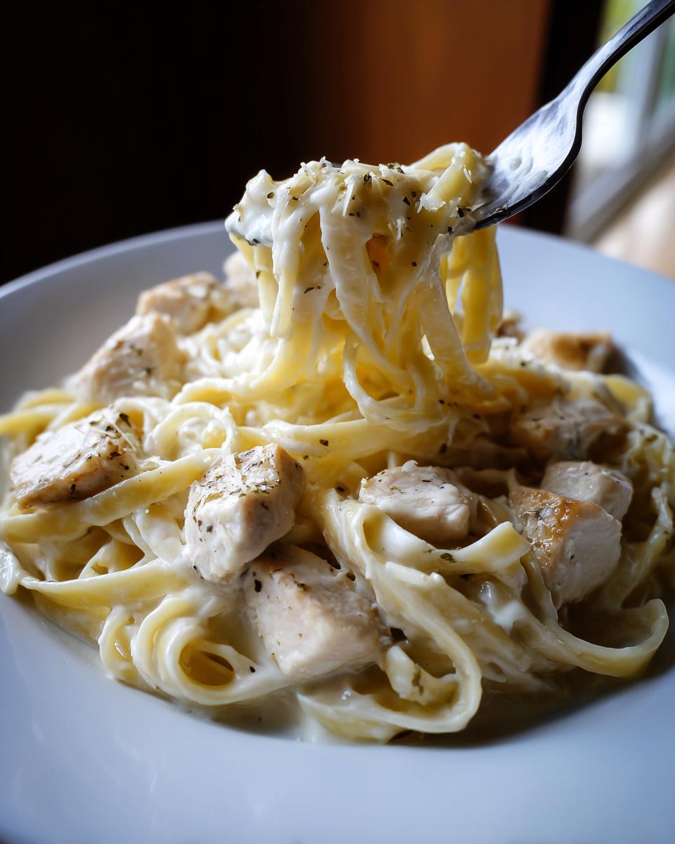 A fork lifting a twirl of fettuccine coated in creamy sauce and herbs from a plate of amazing chicken pasta.