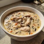 Close-up of a creamy chicken wild rice soup, featuring shredded chicken, wild rice, and diced carrots in a white bowl.