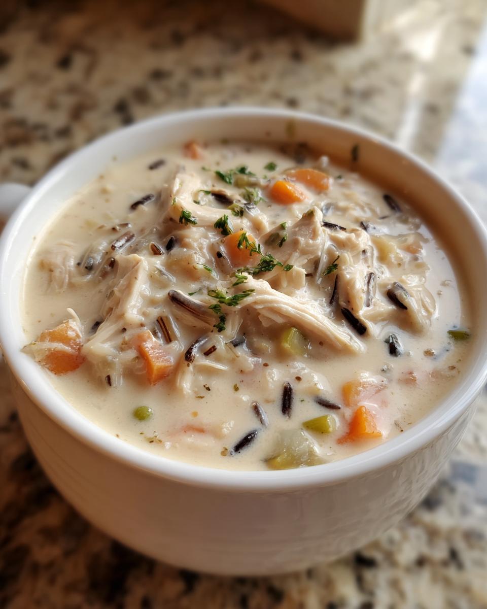 Close-up of a creamy chicken wild rice soup in a white bowl, featuring shredded chicken, carrots, and wild rice.