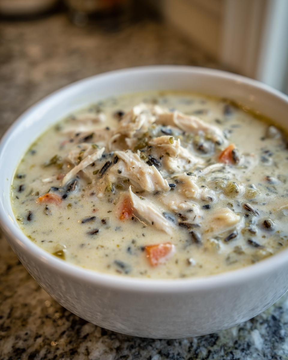 Close-up of a creamy chicken wild rice soup, featuring shredded chicken, black wild rice, and carrots in a white bowl.