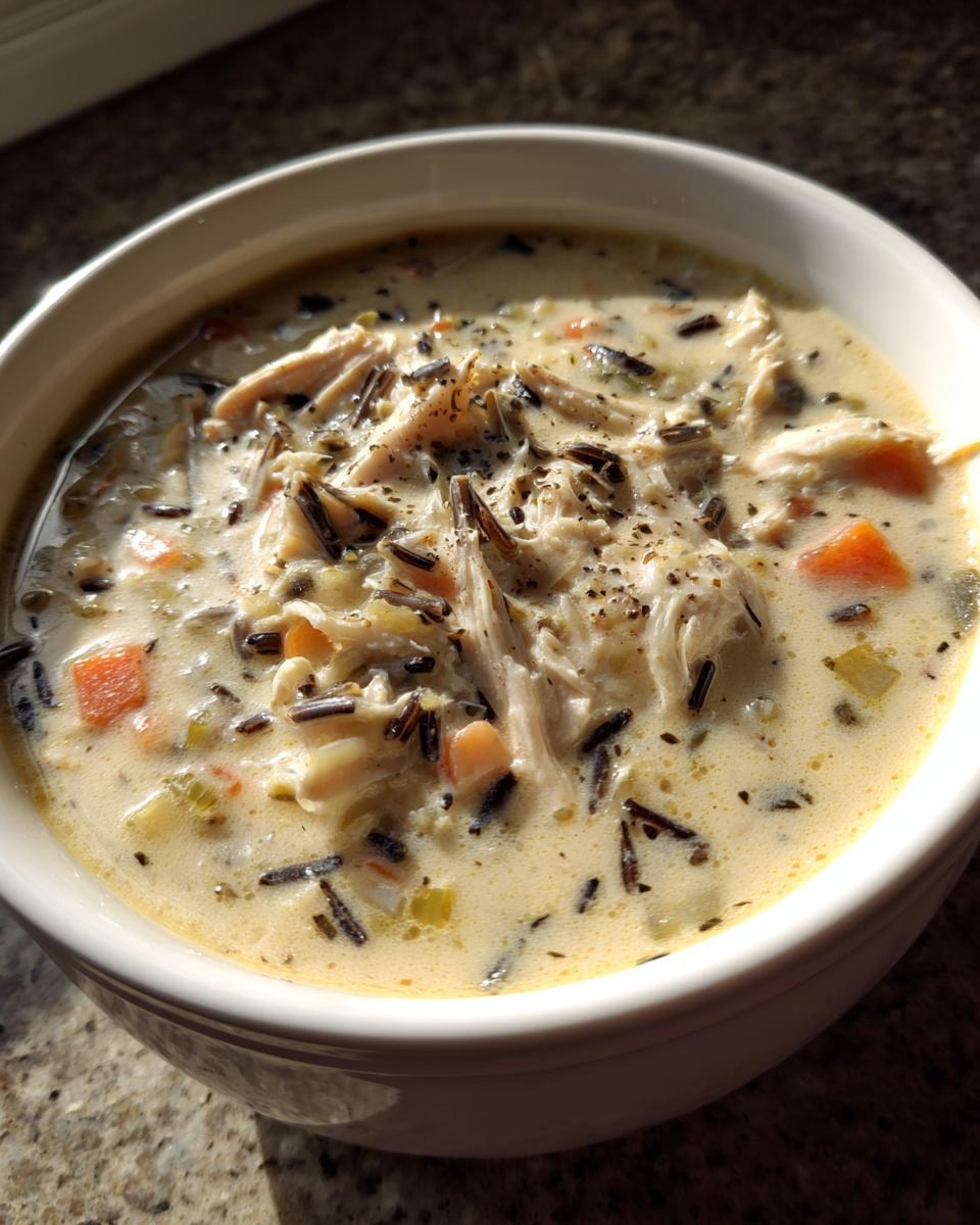 Close-up of creamy chicken wild rice soup with shredded chicken, carrots, and black pepper in a white bowl.