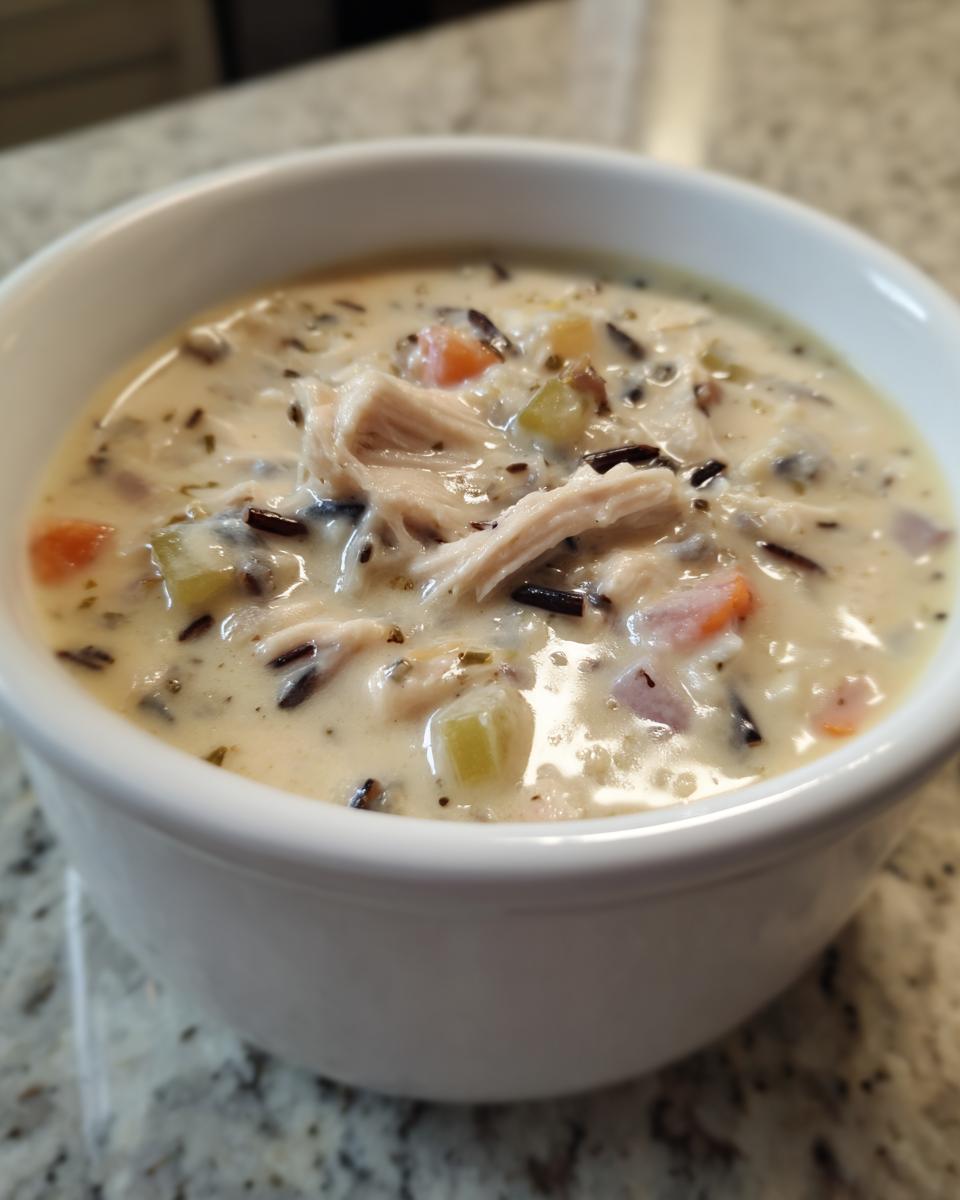 Close-up of a creamy chicken wild rice soup, featuring shredded chicken, wild rice, carrots, and celery in a white bowl.
