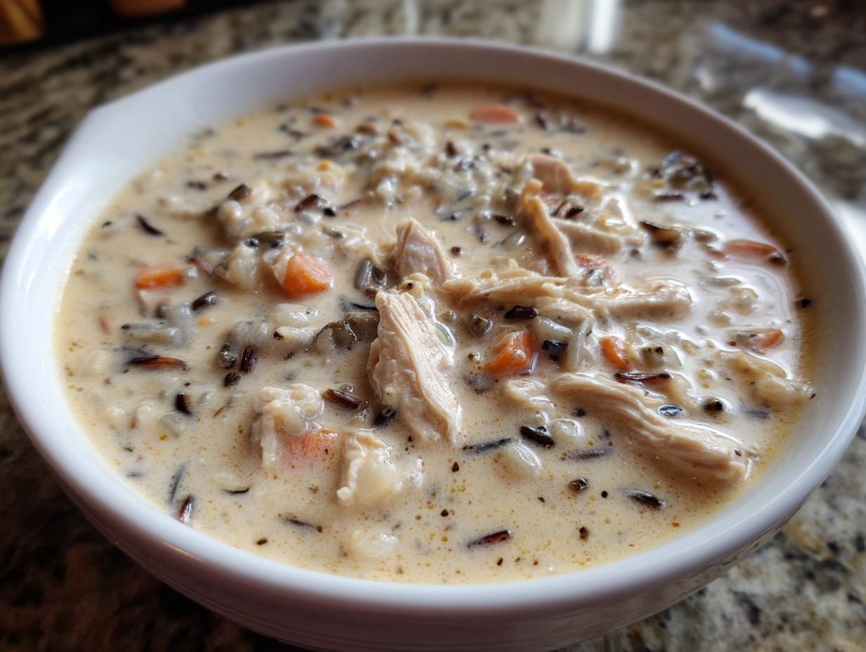 Close-up of a hearty bowl of creamy chicken wild rice soup with shredded chicken and carrots.
