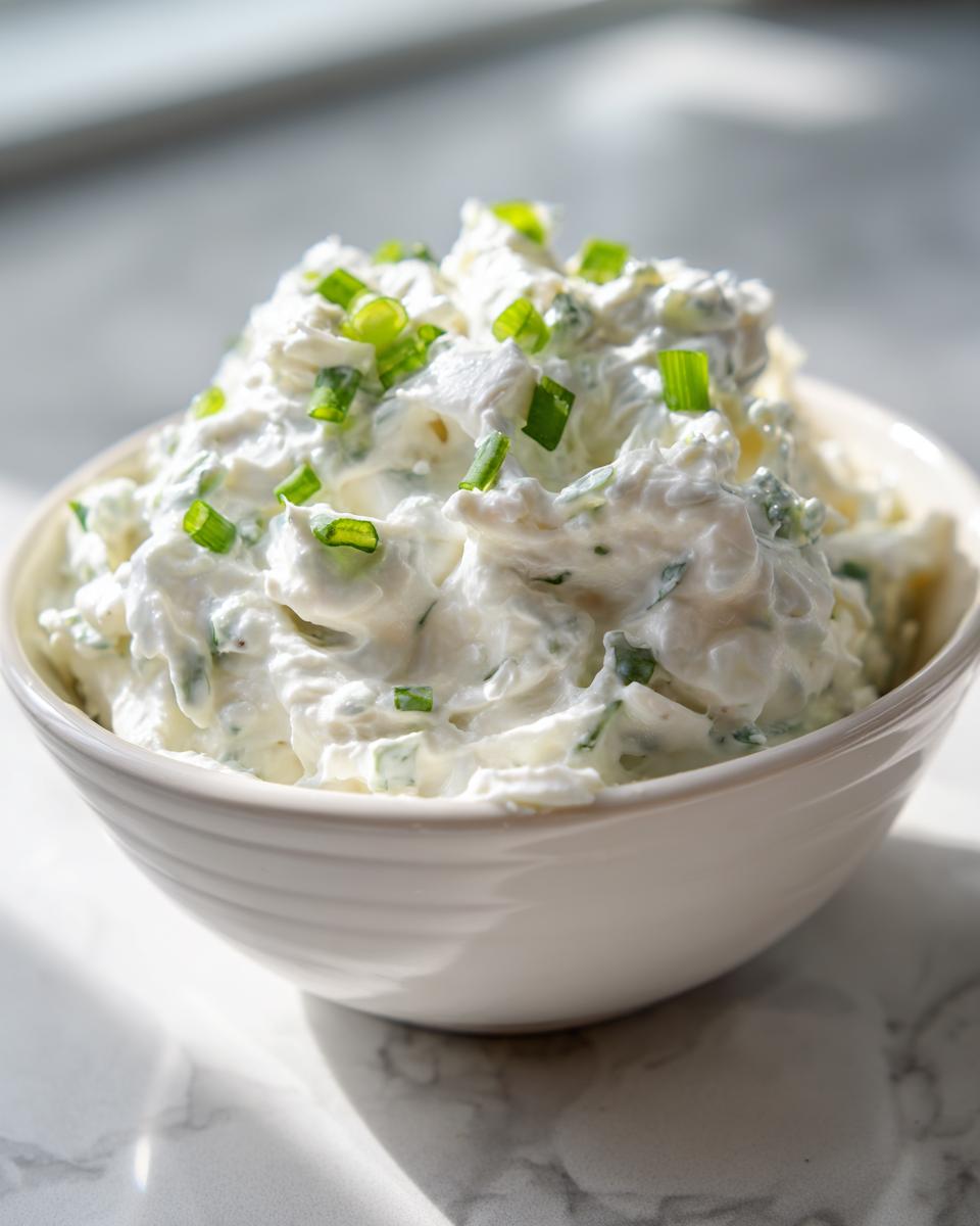 A white bowl filled with creamy clam dip, garnished generously with chopped green onions.
