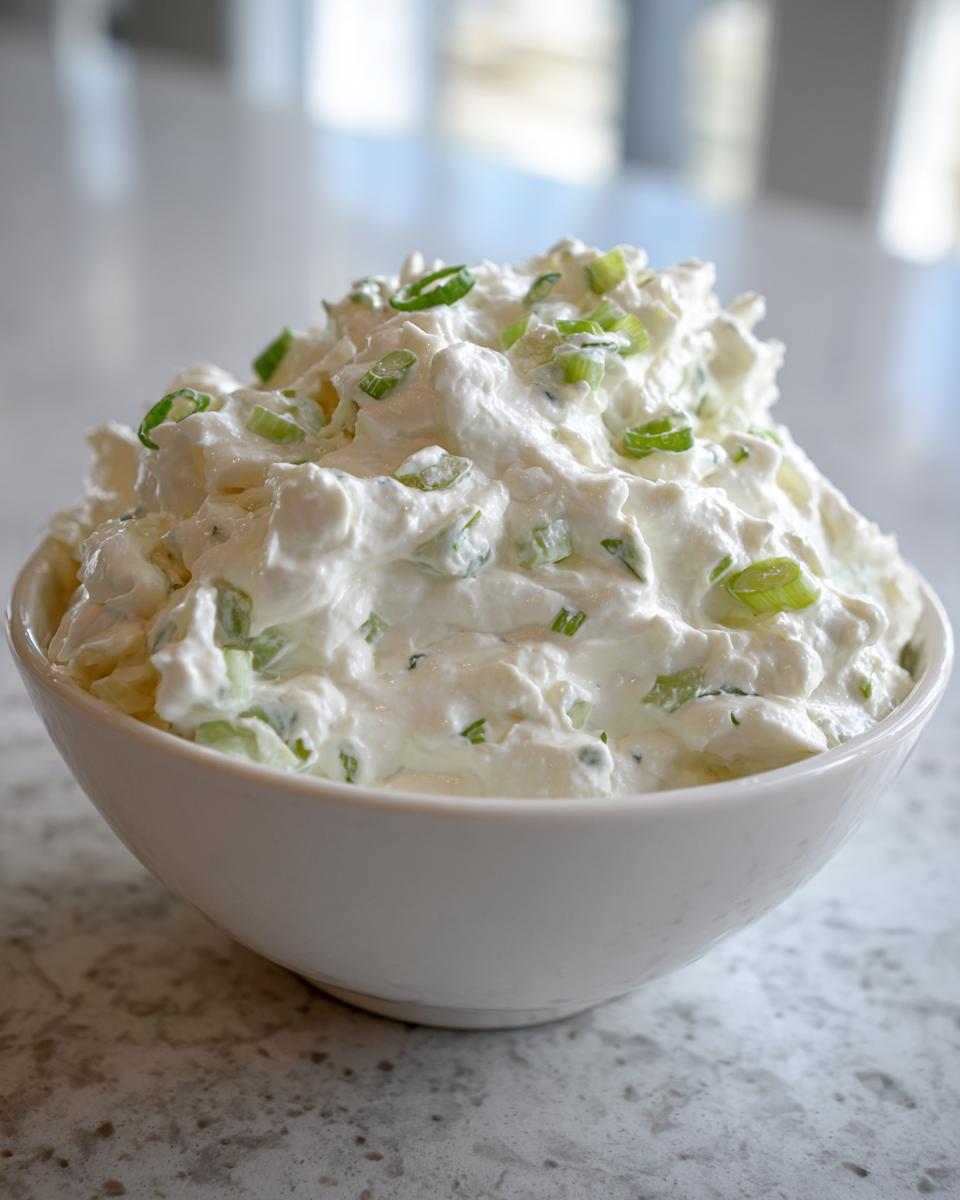 A white bowl filled high with creamy clam dip, garnished generously with chopped green onions.