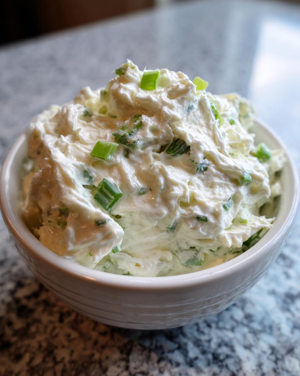 A close-up of a white bowl filled with thick, creamy clam dip, garnished with chopped green onions.
